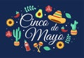 Cinco de Mayo Mexican Holiday Celebration Cartoon Style Illustration with Cactus, Guitar, Sombrero and Drinking Tequila for Poster Royalty Free Stock Photo