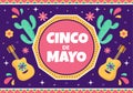 Cinco de Mayo Mexican Holiday Celebration Cartoon Style Illustration with Cactus, Guitar, Sombrero and Drinking Tequila for Poster Royalty Free Stock Photo