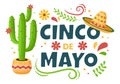 Cinco de Mayo Mexican Holiday Celebration Cartoon Style Illustration with Cactus, Guitar, Sombrero and Drinking Tequila for Poster Royalty Free Stock Photo