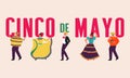 Cinco de mayo mexican holiday party banner with mexican people in traditional clothes illustration.