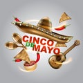 Cinco de Mayo mexican holiday. Sombrero hat, Maracas and Tacos and festive food. vector illustration Royalty Free Stock Photo