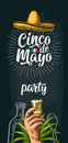 Cinco de Mayo party lettering. Hand holding glass tequila, bottle.