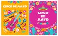 Cinco de mayo poster. Mexican party, mexico latin fiesta decorative invitation. Spanish chili, skulls flowers festival