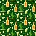 Cinco de Mayo seamless pattern with tequila and cactus. Mexican holiday endless background, texture. Vector illustration