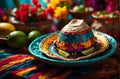 Cinco de Mayo, sombrero rests on a table next to a bowl of green limes