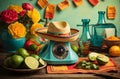 Cinco de Mayo, sombrero rests on a table next to a bowl of green limes