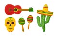 Cinco de Mayo vector celebration, mexican icon set. Guitar, maracas, skull, sombrero, cactus. Cartoon illustration