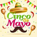 Cinco de Mayo vector realistick beautiful greeting celebration card with sombraro, mustaches, chili paper, flag garlands