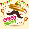 Cinco de Mayo vector realistick beautiful greeting celebration card with sombraro, mustaches, chili paper, flag garlands
