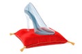 Cinderella crystal high heel, glass slipper on the red velvet pillow, 3D rendering