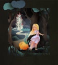 Cinderella holding shoe in hand with pumpkin and mice in front of night forest and castle Royalty Free Stock Photo
