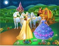 Cinderella scene with godmother fairy transforming pumpkin into carriage with horses and the girl into a princess