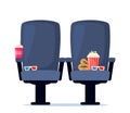 Cinema armchair with soda, popcorn and 3d glasses. Cinema poster, banner design for movie theater. Vector illustration