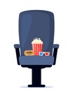 Cinema armchair with soda, popcorn and 3d glasses. Cinema poster, banner design for movie theater. Vector illustration