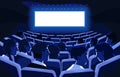 Cinema with audience watching movie on empty blank white screen mockup. Back view of film viewers, spectators sitting in