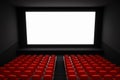 Cinema auditorium with white blank screen and red seats Royalty Free Stock Photo