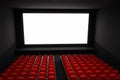 Cinema auditorium with white blank screen and red seats Royalty Free Stock Photo
