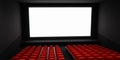 Cinema auditorium with white blank screen and red seats Royalty Free Stock Photo