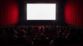 Cinema Awaits: Blank Movie Screen with Audience in Modern Theater. Generative ai