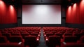 Cinema Awaits: Blank Movie Screen with Audience in Modern Theater. Generative ai