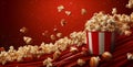 food corn red cinema blue film stripes bucket box popcorn background. Generative AI. Royalty Free Stock Photo
