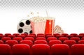 Cinema background with a film reel, popcorn, drink and tickets. Royalty Free Stock Photo