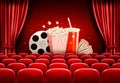 Cinema background with a film reel, popcorn, drink and tickets. Royalty Free Stock Photo