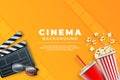 Cinema banner, movie film web template, popcorn and cold drink, landing page. 3d theater watching, video entertainment