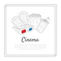 Cinema Banner Template, Tickets, 3d Gasses, Soda Drink, Popcorn Movie Symbols Vector Illustration