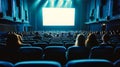 Cinema blank screen and people in blue chairs in the cinema hall. Blurred People silhouettes watching movie performance