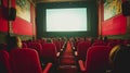 Cinema blank screen and people in red chairs in the cinema hall. Generative Ai