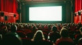 Cinema blank screen and people in red chairs in the cinema hall. Blurred People silhouettes watching movie performance