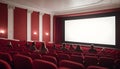 Cinema blank wide screen and people in red chairs in the cinema hall