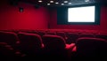 Cinema blank wide screen and people in red chairs in the cinema hall