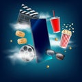 Cinema book, movie film tickets. Online sale coupon in phone, theater plane in smartphone. Popcorn and cola glasses Royalty Free Stock Photo