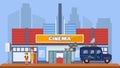 Cinema building in city background, street shooting TV show, flat vector illustration. Television show car, tv camera.