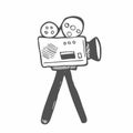 Cinema camera.Retro cinema projector.Vintage film projector icon.Hand-drawn outline.Doodle sketch vector illustration. Isolated on Royalty Free Stock Photo