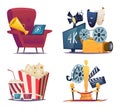 Cinema cartoon. Entertainment conceptual collections with symbols of cinema and theatre megaphone masks popcorn glasses