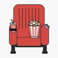 Cinema chair with popcorn, cup of drink and 3D glasses.