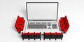 Cinema chairs around a laptop, blank white screen for copyspace, white background. 3d illustration Royalty Free Stock Photo