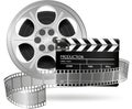 Cinema clap and film reel on white