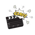 Cinema clapper board making clap sound. Filming movie or video clapboard vector illustration. Black chalkboard with text