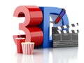 Cinema clapper, popcorn, drink and 3d glasses. 3d illustration