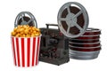 Cinema concept. Cinema projector and movie reels with popcorn container, 3D rendering Royalty Free Stock Photo