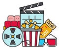 Cinema concept. Color movie theater. Entertainment icons Royalty Free Stock Photo
