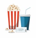 Cinema concept illustration with popcorn bowl,drink and tickets isolated on white background Royalty Free Stock Photo