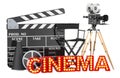 Cinema concept. Movie camera, film reels, chair, megaphone and clapperboard with cinema signboard from golden light bulb letters. Royalty Free Stock Photo