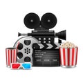 Cinema concept with movie theatre elements set of film reel, clapperboard, popcorn, 3d glasses, camera