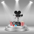 Cinema concept with movie theatre elements set of film reel, clapperboard, popcorn, 3d glasses, camera.