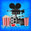 Cinema concept with movie theatre elements set of film reel, clapperboard, popcorn, 3d glasses, camera. Royalty Free Stock Photo